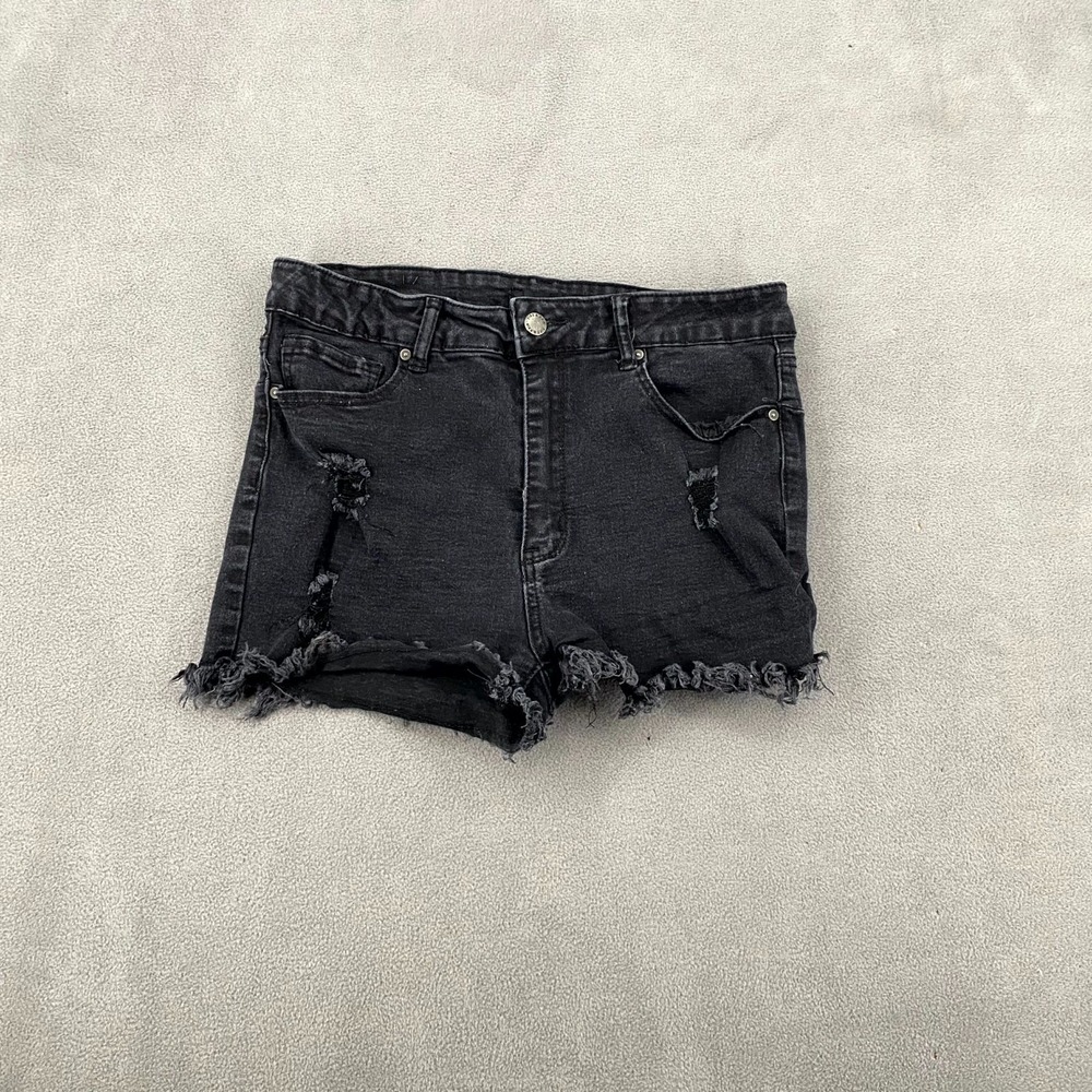 Fire & Rain Cut Off Shorts Womens 11 Black Denim Distressed Mid Rise Raw Hem